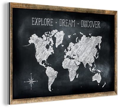 Aluminium schilderij 120x80 cm - Wanddecoratie metaal - Wereldkaart - Krijtbord - Quote - Metalen muurdecoratie woonkamer - Decoratie industrieel - Foto op dibond - Industriële accessoires slaapkamer