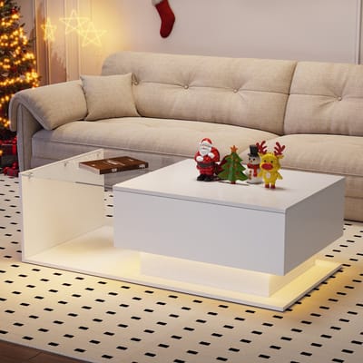 Sweiko Hoogglans Witte Salontafel met LED Verlichting, 100x50x32cm met glazen aanrecht en laden, woonkamer tafel, krasbestendig, met 1-lade, moderne stijl