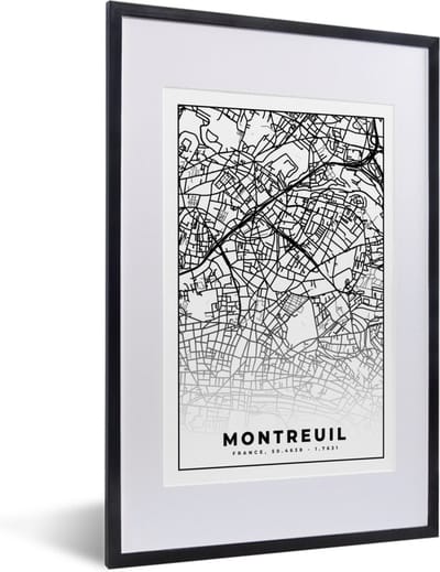 Fotolijst incl. Poster Zwart Wit- Kaart - Plattegrond - Frankrijk - Stadskaart - Montreuil - Zwart wit - 40x60 cm - Posterlijst