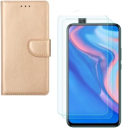 hoesje Geschikt voor: Huawei P Smart Z Portemonnee Goud met 2 stuks Glas Screen protector