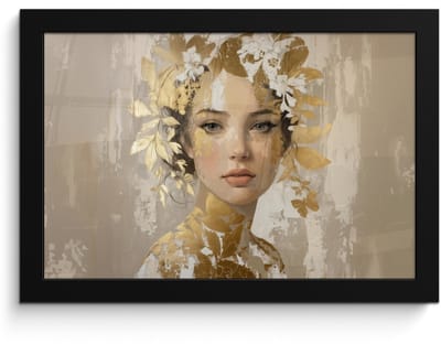 Poster in lijst - Fotolijst 30x20 cm - Posters - Gezicht - Vrouw - Bladeren - Goud - Posterlijst zwart - Decoratie - Wanddecoratie woonkamer - Muurdecoratie slaapkamer