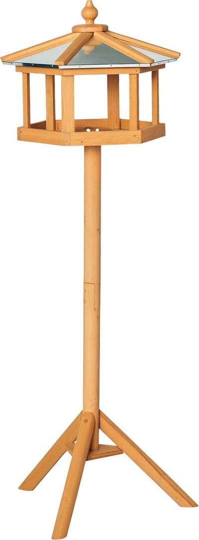 Voederhuis op Paal – Houten Vogelhuisje met Pindadispenser – Waterbestendig – Voor Tuin & Buitenruimte - Ø 40 x H113 cm - Geel