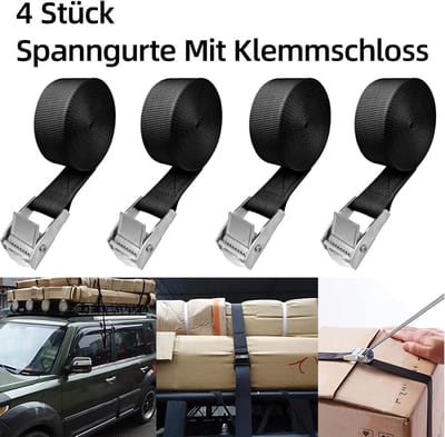 Candala Spanbanden 4 stuks, 2,5 m spanbanden met klemsluiting, sjorbanden, belastbaar tot 250 kg, verstelbare bevestigingsriem voor fiets, motorfiets, bagagepakket, camping (zwart)