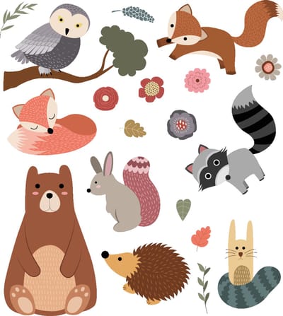 Muurstickers - Scandinavische dieren: beer en vrienden - transparante achtergrond - 100x90cm