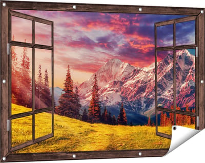 Gards Tuinposter Doorkijk Alpen Landschap met een Kleurrijke Hemel - 120x80 cm - Tuindoek - Tuindecoratie - Wanddecoratie buiten - Tuinschilderij