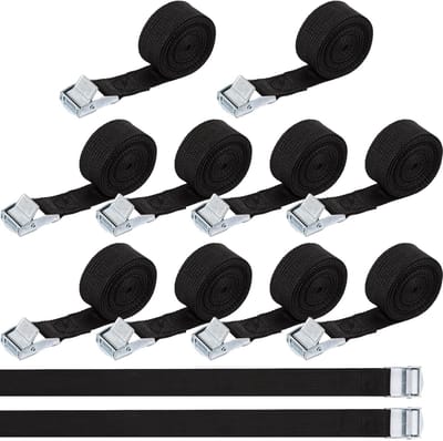 Spanbandenset - Met klemgesp - Voor het vastzetten van lading, transport, bagage, camping - Zwart - 12 stuks - 2 meter - 25 mm