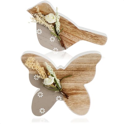 2x decoratieve figuren van hout - vlinder en vogel voor lentedecoratie - display voor Pasen, lente, zomer - lichte houten figuren - paasdecoratie (2 stuks - vogel. Vlinder hout)