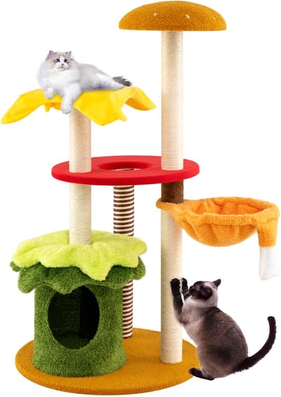COSTWAY krabpaal, hamburger-thema, kattenboom met mand als bed, sisal krabplank, kattenhol & platforms, zachte klimboom, kattenkattenmeubels, houten kattenkrabpaal, kleurrijk (117 cm hoog)