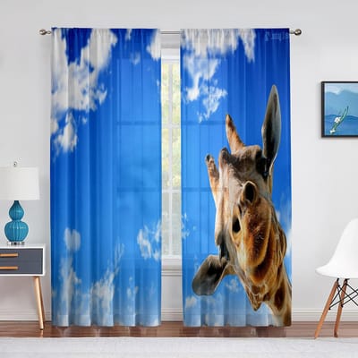 Dieren Giraffen en Zebra's Blauwe Lucht Wolken Transparant Voile Gordijn voor Woonkamer Slaapkamer Decoratie Raam Chiffon Tule Gordijnen 1 PCS W100XH250cm&Grommet Top