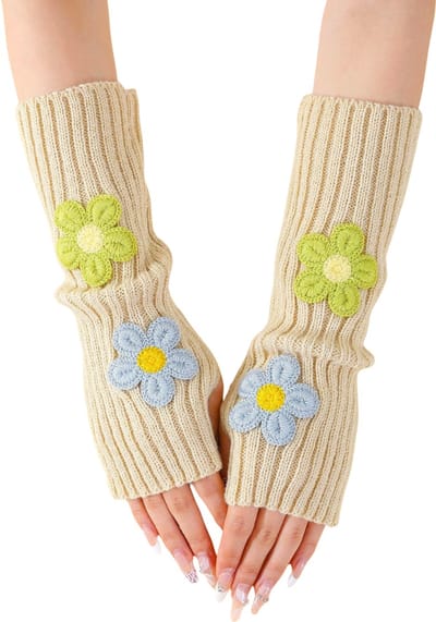 Lange Polswarmers/Armwarmers met Bloemen - Beige 30CM - Vingerloze handschoenen Acryl