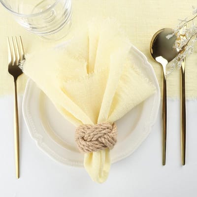 6 stuks 32x32cm 100% Katoen zacht beige Gaas C Bruiloft Servetten Herbruikbaar Blauwe Rand Keukendoek Rustiek Retro Ruwe randen servetten Voor Diner, Feest, Bruiloften 6PCS-32x32cm geel