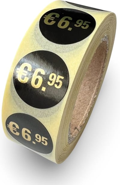 Prijssticker €6,95 - 500 Stuks op rol - rond 20mm - korting sticker - promotie sticker - afprijs sticker - uitverkoop - aanbieding - goud - zwart - food sticker - reclame-etiket - voedseletiket - HACCP sticker
