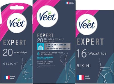 Veet - Expert - Gevoelige huid - Ontharingsstrips Benen (sensitive) 20st - Ontharingsstrips Bikini 16st - Ontharingsstrips Gezicht 20st
