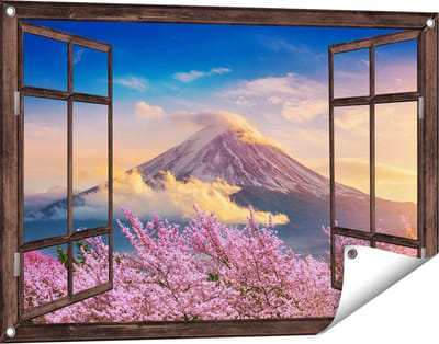 Gards Tuinposter Doorkijk Fuji Berg met Roze Bloesembomen - Bloemen - 90x60 cm - Tuindoek - Tuindecoratie - Wanddecoratie buiten - Tuinschilderij