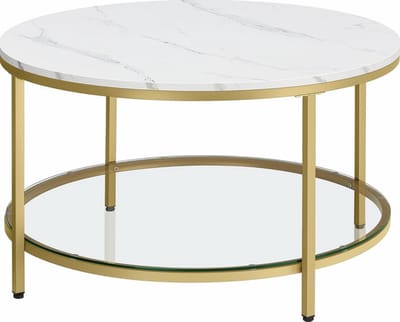 Sierra, LCT071W59 Salontafel, woonkamertafel, voor woonkamer, met glazen blad, veel opbergruimte, eenvoudige montage, moderne stijl, marmeren wit-licht goud