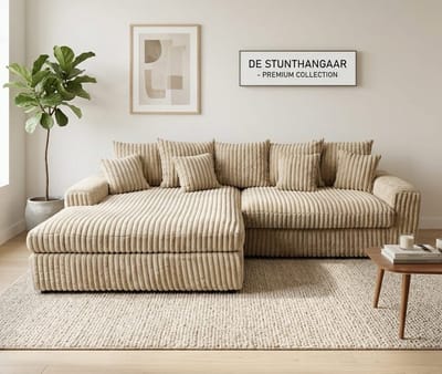 Hoekbank Jmb- Beige- ultra dikke ribstof- Lounge Links- hoeksalon beige Links