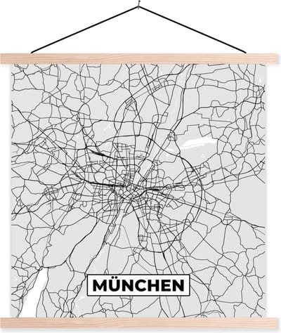 Posterhanger incl. Poster 40x40 cm - Schoolplaat - München - Kaart - Plattegrond - Stadskaart - Duitsland - Textielposter - Blanke latten - Stadskaart