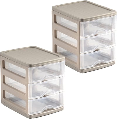 Plasticforte Ladekastje bureau organizer - 2x - 3 lades - beige/transparant - L13 x B17 x H17 cm - kunststof