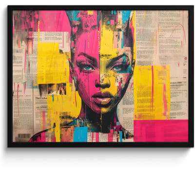 Poster in lijst - Fotolijst 70x50 cm - Posters - Vrouwengezicht - Krantenpapier - Abstract - Roze - Posterlijst zwart - Decoratie - Wanddecoratie woonkamer - Muurdecoratie slaapkamer