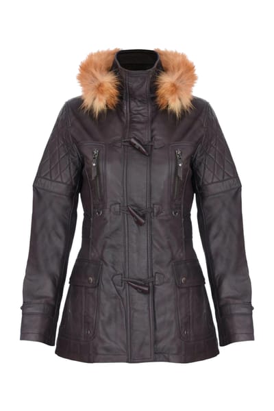 Dames bruine lamsleren gewatteerde parka met bontkraag - Duchess