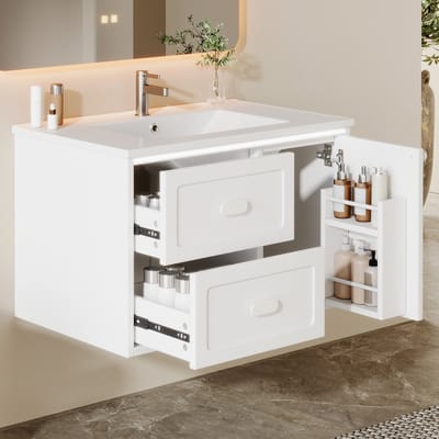 MODFU Hangend Badkamermeubel - Met Geïntegreerde Wastafel En Led-Sensorverlichting - Modern - Keramiek En MDF - Wit - 76 X 46 X 51 Cm