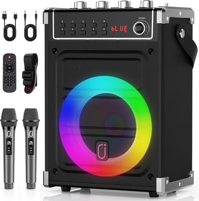 Karaokemachine met 2 Draadloze Microfoons - Bluetooth Speaker met LED Verlichting - Karaoke Set voor Volwassenen & Kinderen - UHF Microfoons - TWS - AUX - FM - Draagbare Party Speaker met Bas & Treble - Opnamefunctie - Zwart - Feestset
