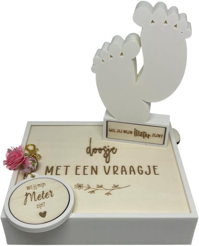 Geschenkbox Wil jij mijn METER zijn? | roze | 3D | sleutelhanger | voetjes | meter vragen | meter worden | peettante vragen | peettante worden | cadeau | doosje met een vraag