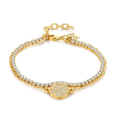 Twice As Nice Armband in goudkleurig edelstaal, dubbele armband, ronde met witte kristallen 16cm+3cm
