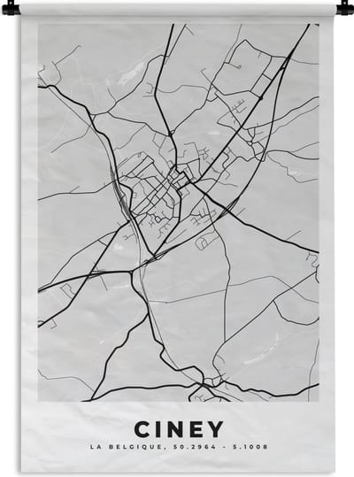 Wandkleed - Wanddoek - Stadskaart – Zwart Wit - Kaart – Ciney – België – Plattegrond - 120x180 cm - Wandtapijt