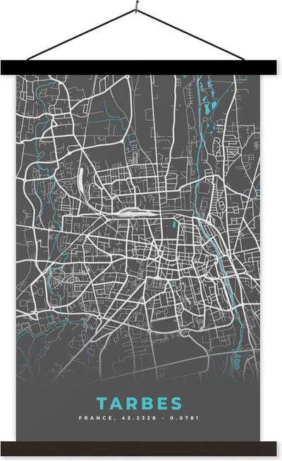 Posterhanger incl. Poster 40x60 cm - Schoolplaat - Tarbes - Frankrijk - Plattegrond - Kaart - Stadskaart - Textielposter - Zwarte latten - Stadskaart