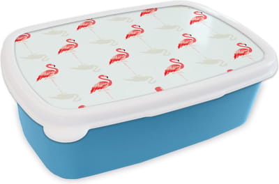 Broodtrommel Blauw - Lunchbox - Brooddoos - Flamingo - Dieren - Patronen - 18x12x6 cm - Kinderen - Jongen