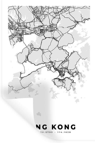 Muurstickers - Sticker Folie - Hong Kong - Stadskaart - Zwart Wit - Plattegrond - Kaart - 20x30 cm - Plakfolie - Muurstickers Kinderkamer - Zelfklevend Behang - Zelfklevend behangpapier - Stickerfolie