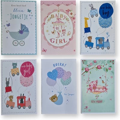 6 Cards & Crafts Geboortekaartjes | Zoon / Dochter | 12x17,5cm | Gevouwen wenskaarten inclusief enveloppen