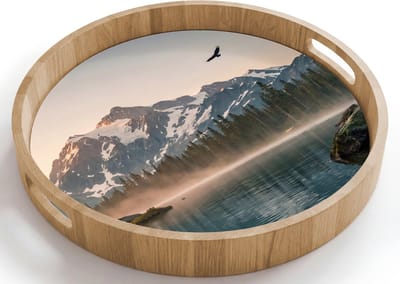 Dienblad rond 40x40 cm - Schootdienblad hout - Bergen - Water - Bomen - Borrelplank rechthoek - Plateau houten dienbladen