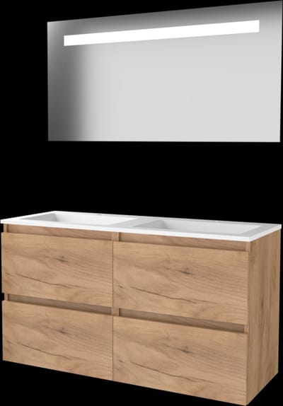 Basic-Line Economic 46 Badkamermeubelset - 120 x 46 cm - Greeploos - 4 Lades - Acryl Wastafel - 2 Kraangaten - Spiegel met LED Verlichting - Whisky Oak