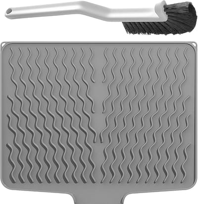 Drainerende Silicone Mat 40 x 33 cm, Grijze Keukenmat met L-vormige Schoonmaakborstel, Hittebestendig en Antislip voor Keuken en Werkblad