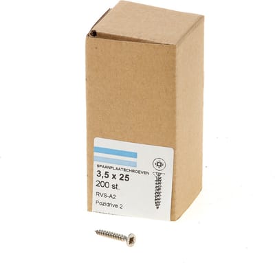 Hoenderdaal Spaanplaatschroef RVS platverzonken kop PZ2 voldraad 3.5X25 (per 200 stuks)