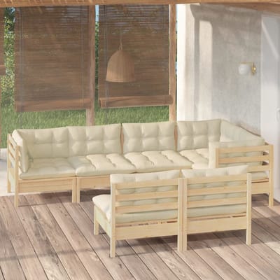 vidaXL - 7-delige - Loungeset - met - crèmekleurige - kussens - massief - grenenhout
