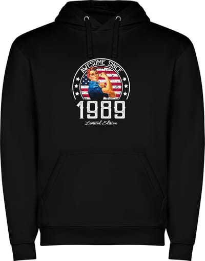 Zwarte unisex hoodie met “ Kleurrijke Awesome Since 1989 Limited Edition – Leeftijd – Verjaardag “ Print Full Color Color merk Roly maat S