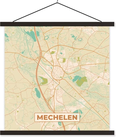Posterhanger incl. Poster 60x60 cm - Schoolplaat - België - Kaart - Mechelen - Stadskaart - Plattegrond - Textielposter - Zwarte latten - Stadskaart