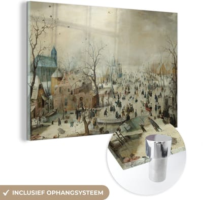 ® Glasschilderij 180x120 cm - Schilderij acrylglas - Winterlandschap met ijsvermaak - Schilderij van Hendrik Avercamp - Foto op glas - Muurdecoratie woonkamer - Wanddecoratie slaapkamer - Schilderijen