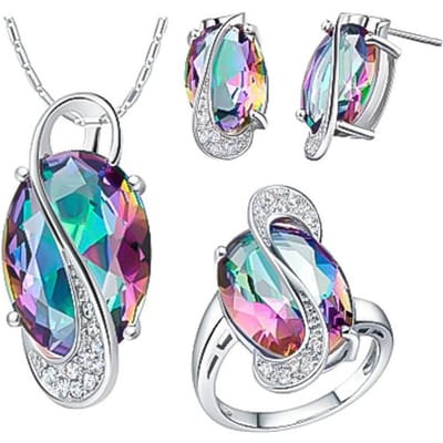 Ontwerp Kleurrijke Zirkoon Sieraden Set Wikkelketting Oorbellen Ring Sieraden Prachtige Bruidsverlovingsaccessoires Liefdescadeau gray