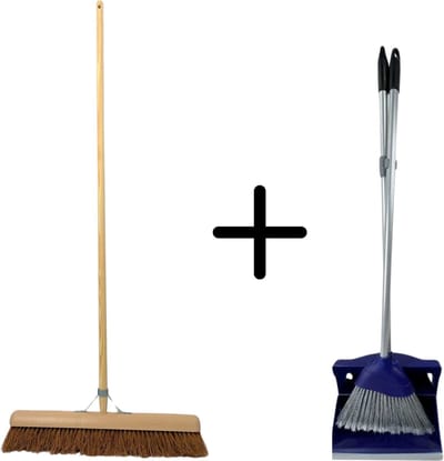 Synx Tools Coco bezem 50cm en Stoffer en Blik met lange steel 95 cm- Bezemset - Cocosharen - Zaalveger - stoffer - Kunststof - Hotel Stoffer Blik set - Stoffer en blik sluitend model - Schoonmaakartikelen