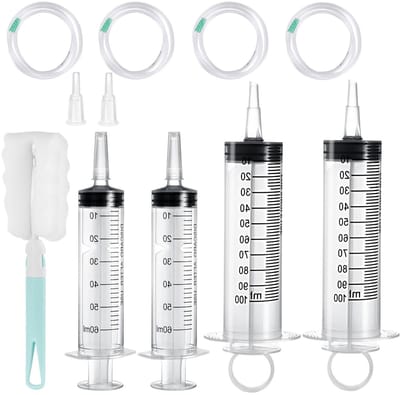 Grote Plastic Spuit 100 ml + 60 ml met Slang, Herbruikbare Spuit voor Olie, Laboratorium, Dierlijke Voeding en Tuinwerk, 4 Stuks