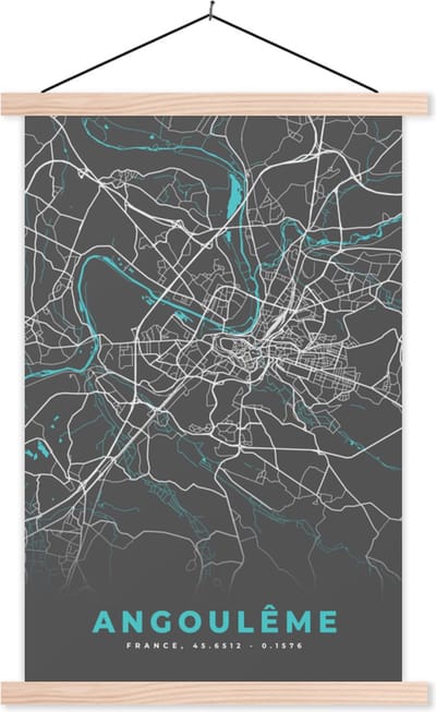 Posterhanger incl. Poster 40x60 cm - Schoolplaat - Stadskaart - Plattegrond - Angoulême - Frankrijk - Kaart - Textielposter - Blanke latten - Stadskaart