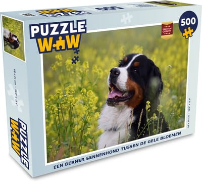 Puzzel Een Berner Sennenhond tussen de gele bloemen - Legpuzzel - Puzzel 500 stukjes