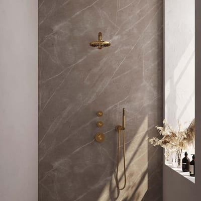 Brauer Gold Carving Thermostatische Regendoucheset Inbouw - Hoofddouche 20 cm - Rechte Wandarm - Handdouche Staaf - Doucheslang - Wandaansluitbocht - Geborsteld Goud