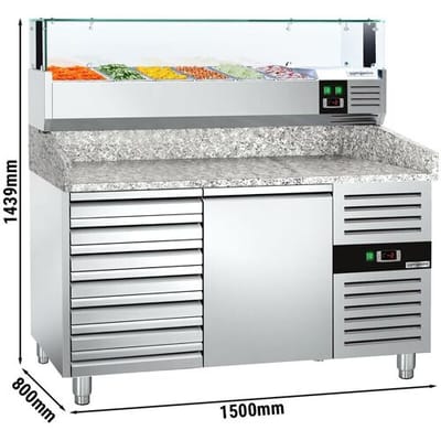 GGM Gastro Pizzakühltisch PREMIUM - 1500x800mm - mit 1 Tür & 7 Schubladen - inkl. Kühlaufsatzvitrine LED - 5x GN 1/3 + 1x GN 1/2 Zilver