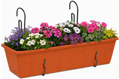 Geli Plantenbak Balcony - terracotta bruin/rood - met metalen ophangbeugels - 60 x 18 x 15 cm - hard kunststof - langwerpig