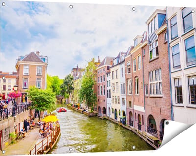 Gards Tuinposter Huizen aan de Oudegracht in Utrecht - 120x80 cm - Tuindoek - Tuindecoratie - Wanddecoratie buiten - Tuinschilderij